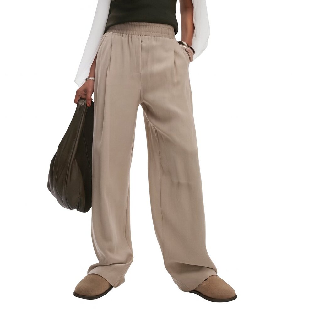 Topshop Elastic Waist Straight Leg Tailored Trousers Ecru Stone US 6